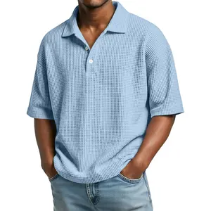 Men's Oversized Waffle Knit Polo Shirt Casual Short Sleeve Collared T-Shirt for Summer Streetwear in Light Blue