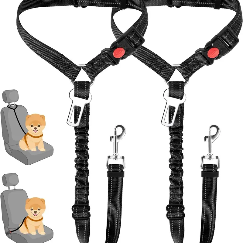 2Pcs Nylon Dog Car Seat Belt Harnesses - 3-in-1 Retractable Restraint Leash, Adjustable Reflective Rope, 360° No-Tangle 360° Swivel Attach Headrest-Secured Tether, Convenient Design, Fits Most Car Seats for Easy Travel Everyday Use (Blue, Black, Pink)
