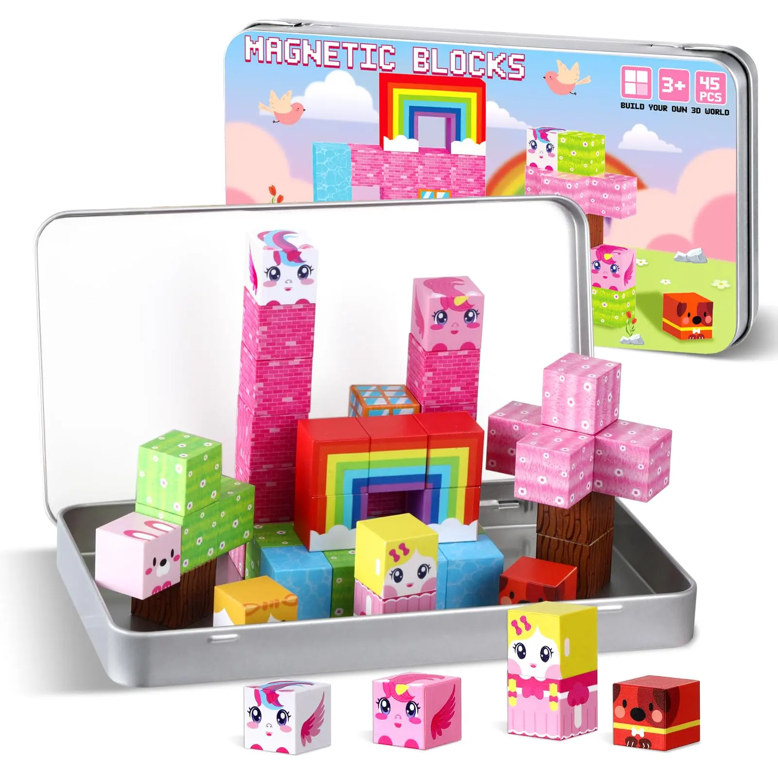 GISGFIM 45PCS Magnetic Building Set, Modular Building Blocks Kit, Stackable Construction Stacking Cubes Tiles with Case, Travel & Birthday Gifts for Girls Ages 3-8