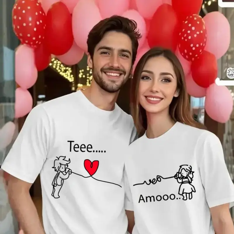 1pc Romantic Couple Matching T-Shirt | Casual Round Neck Short Sleeve, Elastic, Machine Washable, Perfect for Valentine'S Day, Available in Multiple Colors, Valentine'S Day T-Shirt Holiday Gift