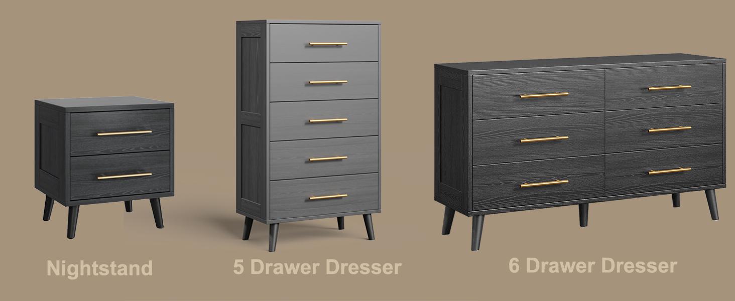 Gizoon Nightstand, Bedside Table with Metal Handles, Modern Wood Night Stand 2 Drawer Dresser for Bedroom, Black Furniture