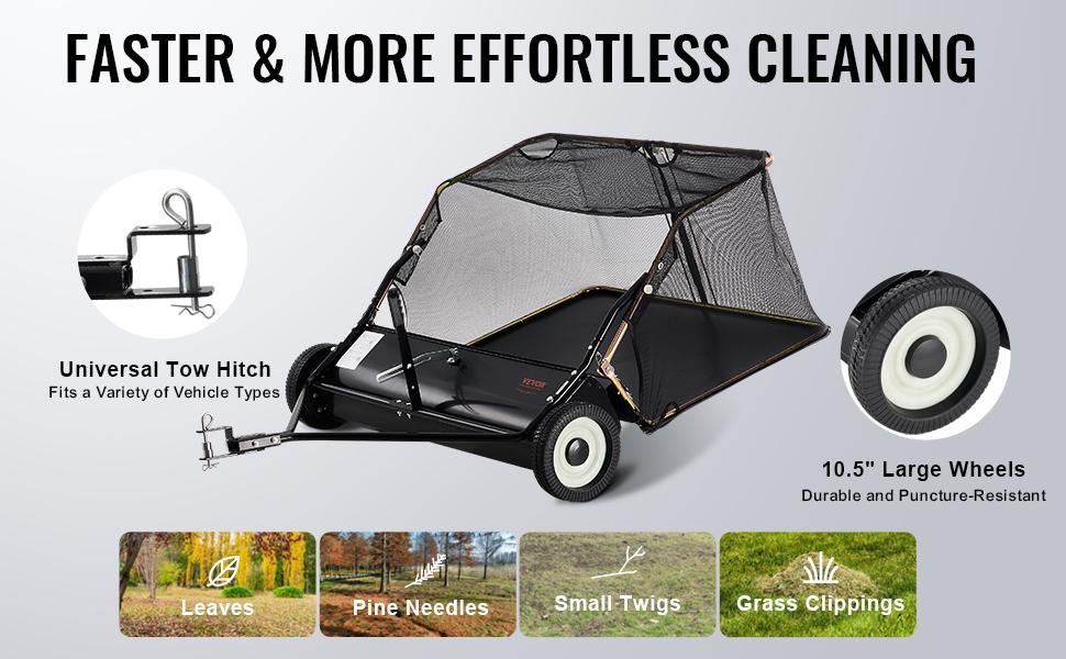 VEVOR Lawn Sweeper Tow Behind,  Max. 52 Inch 26 cu.ft. Large Pull Behind Grass Sweeper, Heavy Duty Leaf & Grass Collector with Dumping Rope Design, Adjustable Sweeping Height for Picking Up Debris & Grass