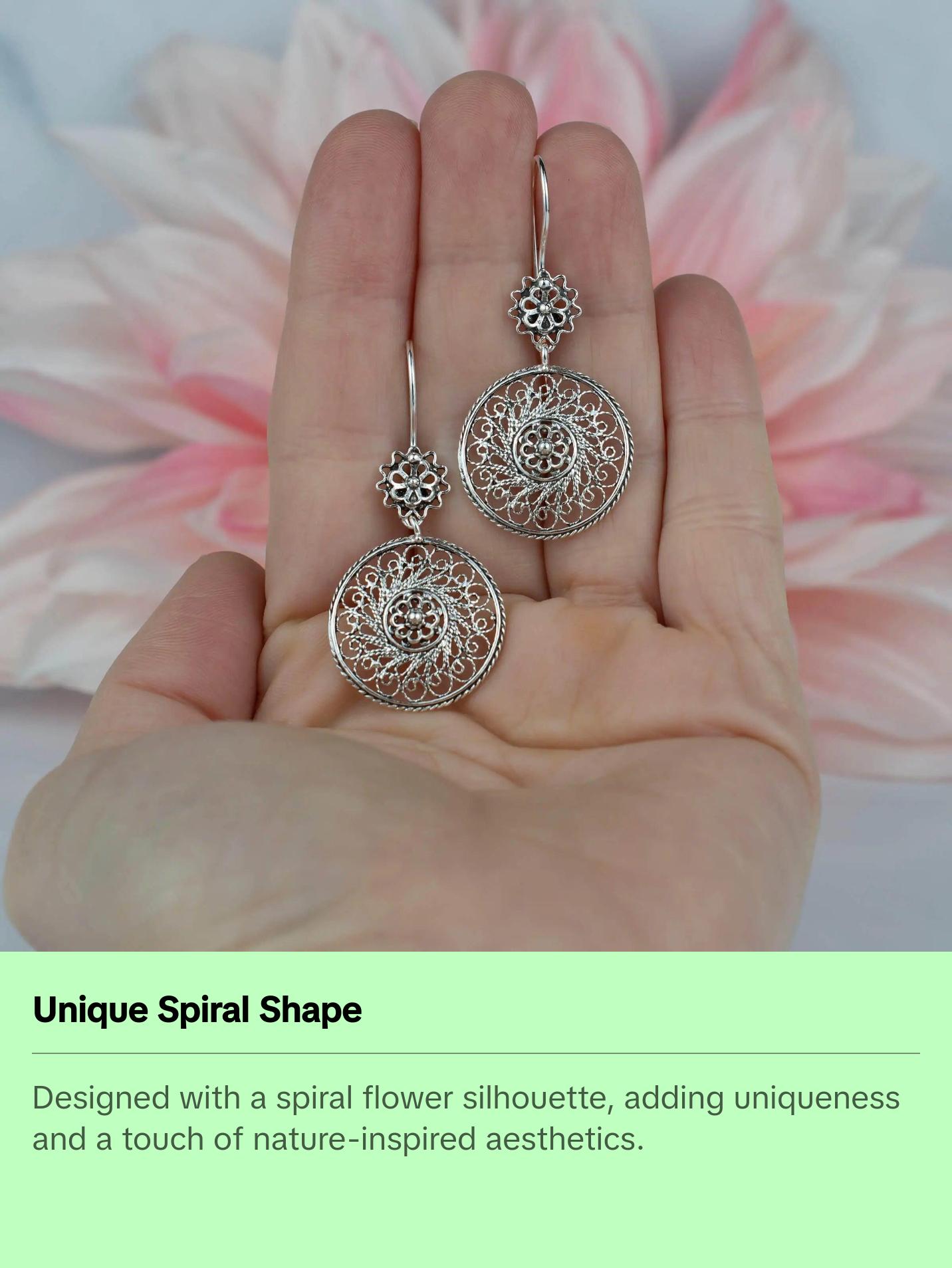 Filigree Art Spiral Flower Figured Women Sterling Silver Dangle Drop Earrings