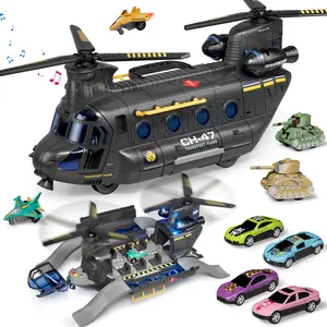 Military Helicopter Toys Set with Light & Sound Effects, Friction Powered Transport Helicopter Toy with Army Tanks, Airplanes, Mini Cars, Army Toys Military Playset Christmas Birthday Party Gifts for Kids