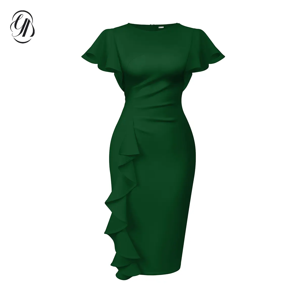 OYV Women's Vintage Elegant Church Ruffle Sleeve Ruched Bodycon Work Midi Pencil Dress Formal Fashion