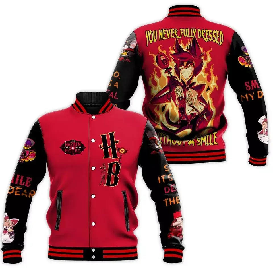 Hazzbin Hotell Alasstor Graphic Baseball Jacket, Raddio Demmon Anime Apparel For Men Women, Cosplay Outfit, Cartoon Gift Idea | 200126.C03907.ID02