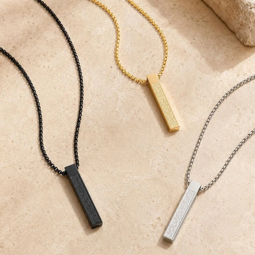 Stainless Steel Rune-Inspired Bar Pendant Necklace - Black Gold/Silver Long Chain, Minimalist Unisex Metal Engraving Chain Jewelry, Y2K Gift for Men/Women (Stainless Steel Necklaces for Daily Wear), Minimalist Necklaces