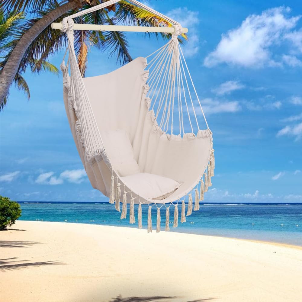 ONCLOUD Hammock Chair Hanging Rope Swing, Load Capacity Up to 550 LBS Macrame Hammock Swing Seat with Two Cushions, Hammock Seats with Portable Steel Spreader Bar for Indoor/Outdoor ONCLOUD Hammock Chair Hanging Rope Swing, Load Capacity Up to 550 LBS Macrame Hammock Swing Seat with Two Cushions, Hammock Seats with Portable Steel Spreader Bar for Indoor/Outdoor