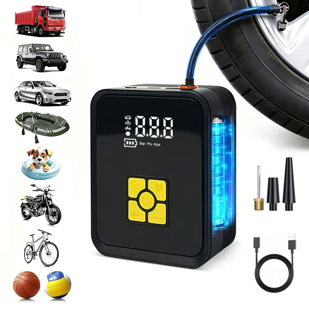 Cordless Handheld Tire Inflator - Wireless Portable 150PSI Car Compressor with Digital Gauges, LED Lights, USB-C Power, Quick Inflate for Cars, Motorbikes