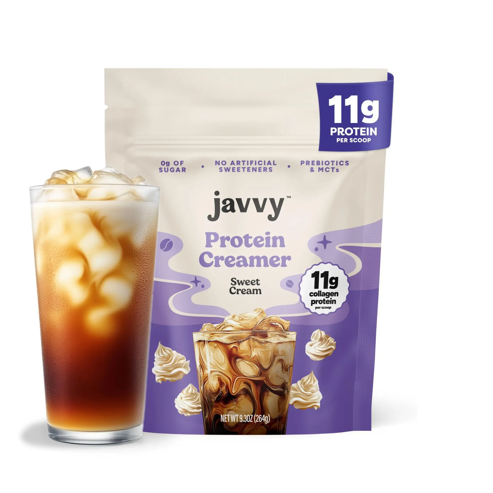 Javvy Sweet Cream Protein Coffee Creamer - Grass Fed Pasture Raised Collagen - Hair, Skin & Nail Support, Energy-Boosting MCTs, Keto Friendly, Lactose Free & Gluten Free, No Added Sugar, 11g of Protein