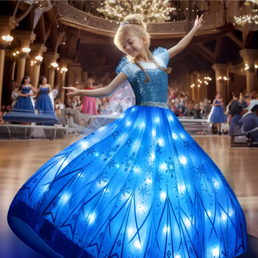 UPORPOR Girls' Light-Up Snow Princess Costume Outfit - Blue-Purple Crew Neck Sheer Puff Sleeves Kids' Fantasy Cosplay Gear for Christmas Party, Costume Ideas Gift, Cartoon Character, Halloween, Girls Costumes