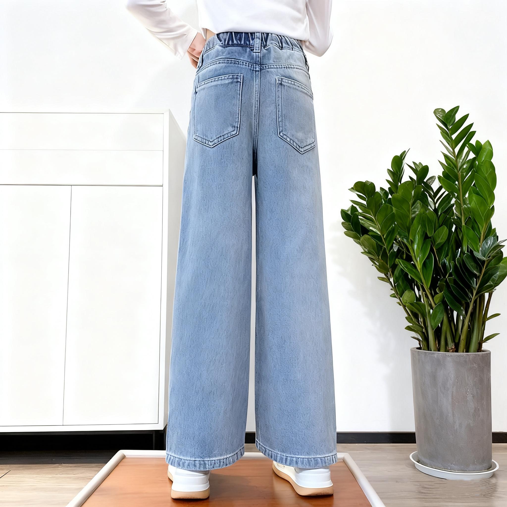 Girls' Jeans Spring and Autumn New Loose Casual Straight Leg Wide Leg Jeans with Heart Love Patch Design