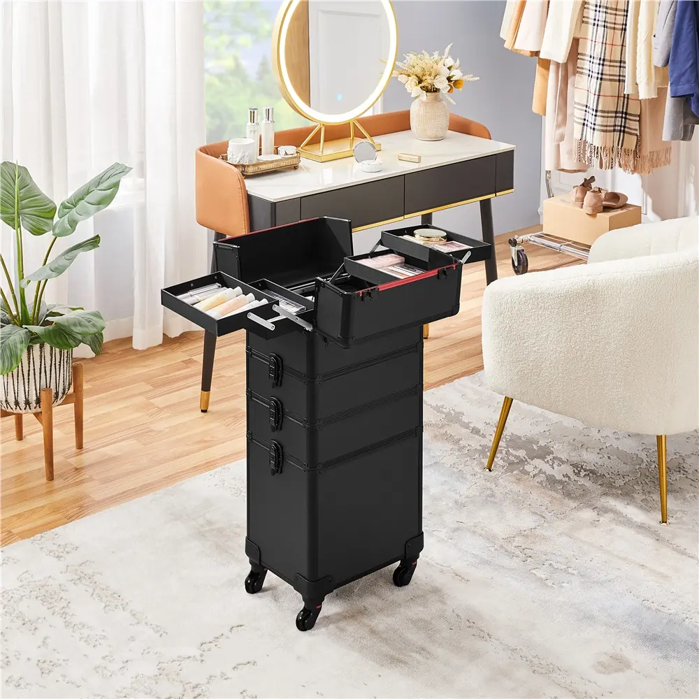 Costoffs 4-in-1 Aluminum Cosmetic Case Professional Makeup Train Case, Large Capacity Trolley Makeup Case Black