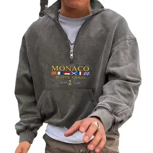 St Newst New Men's Monaco Yacht Club Sweatshirt-Casual V-neck Pullover with 1/4 Zipper, Long Sleeve, Polyester, Machine Washable, Navy Blue, with Flag Print Graphic Hoodie Streetwear Hoodie Loose Tops Fabric