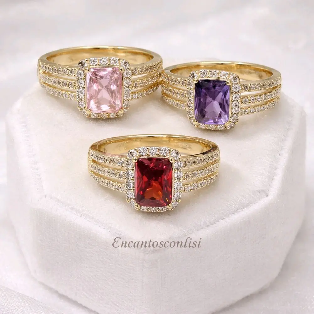 Gold Plated Anillos with Pink Red  & Purple Rectangular Shape Multicolor Stones Various Sizes Zirconias Crystal Stones Elegant Design