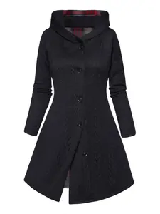 Rosegalette Cable Knit Coat Plaid Print Panel silky hoodie Lace Up Hooded Long Puffer coat Full Sleeve Button Up Long Knitted Coat for Winter Casual Wear Womenswear Knitwear Polyester