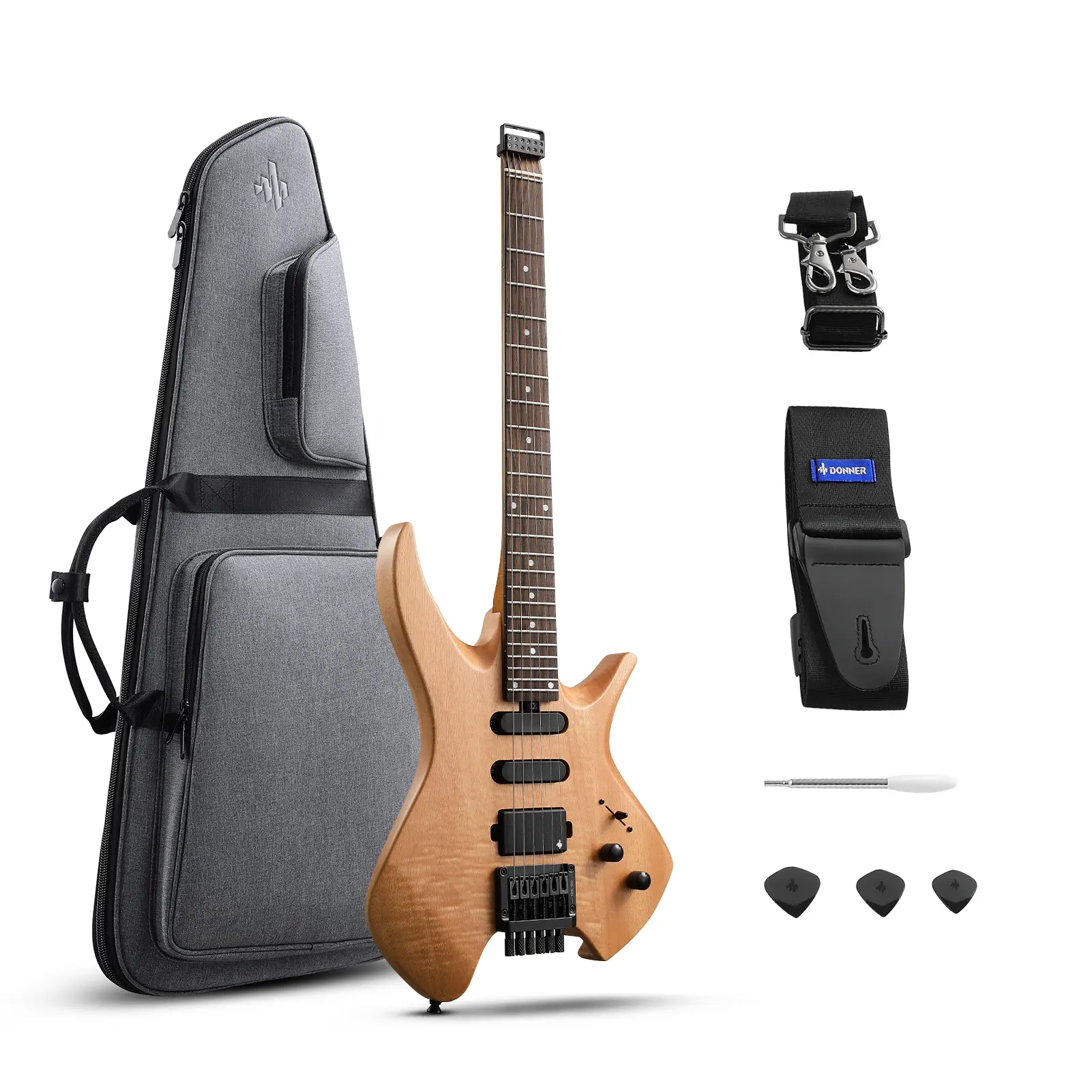 Donner NHL-500 6-String Minimalist Lightweight Headless Electric Guitar - 24 Frets, SSH Pickups, Stable Tuning System, Locking Bridge, 2.4 kg, Ergonomic Body, Balanced Playing, Less Maintenance, Included Gig Bag, Back to School Practice, Headless Guitar