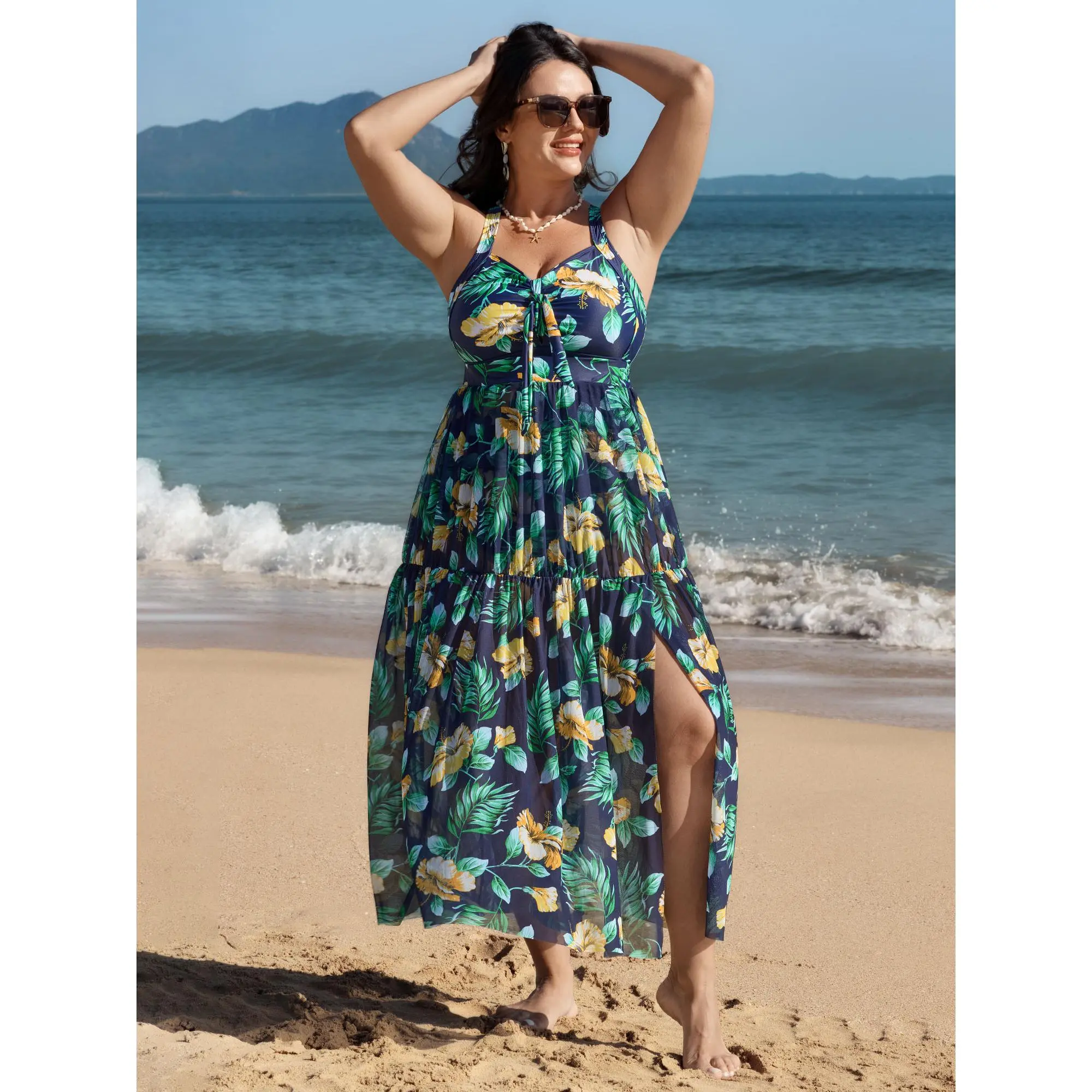 【Tummy control】BLOOMCHIC Plus Size Tropical Print One Piece Swimsuit Sarong Set [M-6X] Swimming Bathing Suit Swimdress Bathing Suits,Summerfinds