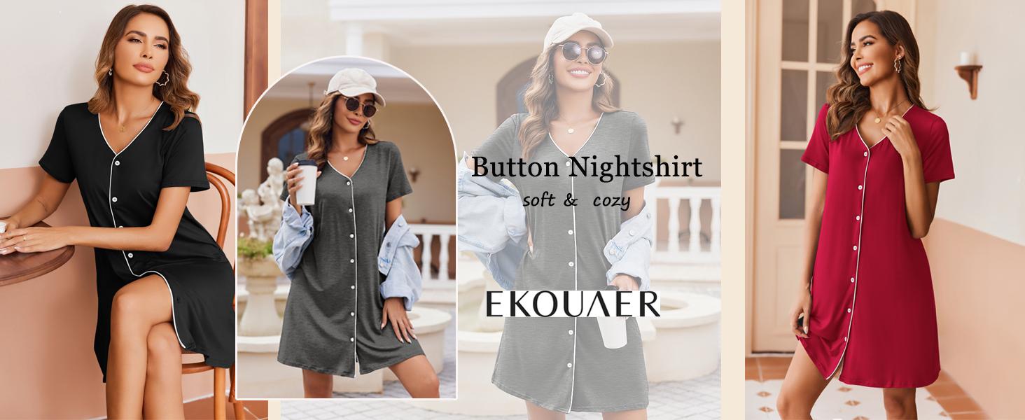 EKOUAER Women's Nightgown Button Down Nightshirt Short Sleeve Sleepshirt Soft V Neck Sleepwear Pajama Dress EKOUAER Women's Nightgown Button Down Nightshirt Short Sleeve Sleepshirt Soft V Neck Sleepwear Pajama Dress