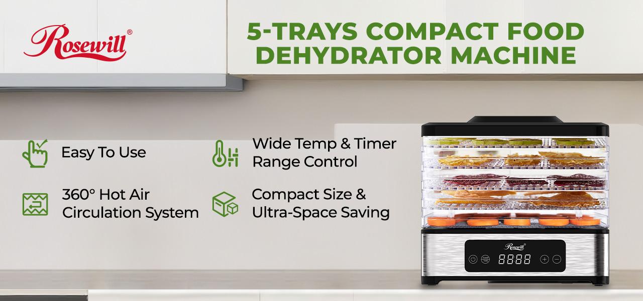 Rosewill Compact Food Dehydrator, 5 Stackable Trays with Adjustable 48H Timer and Temperature Control - Electric Food Preserver for Jerky, Fruits, Veggies, Meat & Dog Treats