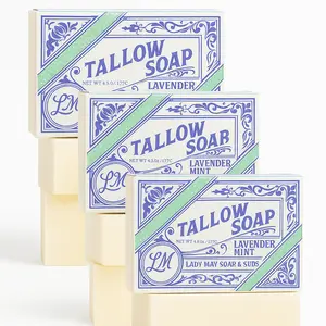 Pure Beef Tallow Soap Bar 3 Pack - Natural Handmade Soap for Face Body & Shaving - Lavender Mint or Unscented - Moisturizing Sensitive Skin Soap - Chemical Free - Lady May Tallow