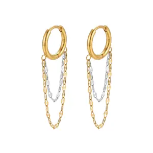 Double Layer Chain Huggie Hoop Earrings - Pair - 18K Gold Plated 304 Stainless Steel