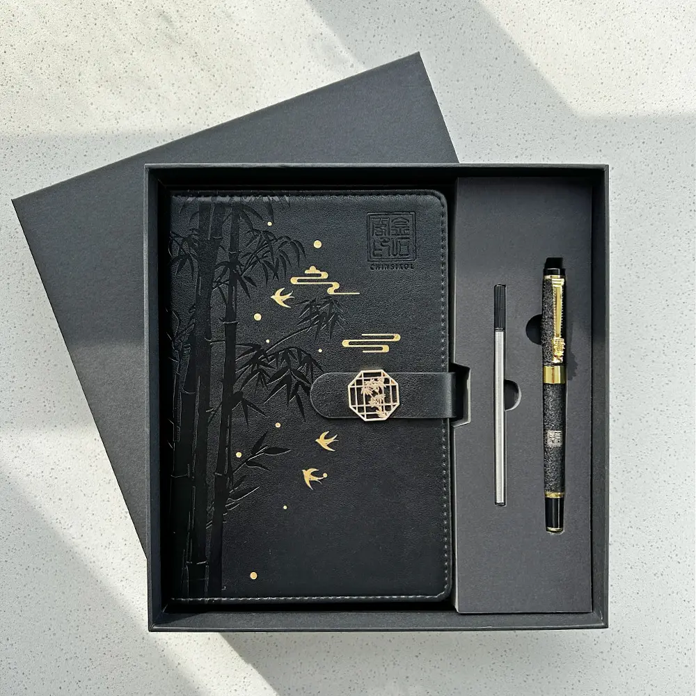 Chinsikol Gift Box Set, Chinese Style Notebooks with Metal Pen and Replacement Refills, Bamboo Pattern, Office Meeting Notes, Study Journals, Portable Notebook, Organizer Notebook, Notebook for Work
