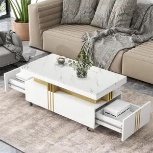 Contemporary Coffee Table with Faux Marble Top, Rectangle Cocktail Table with Caster Wheels, Moderate Luxury Center Table with Gold Metal Bars for Living Room, White