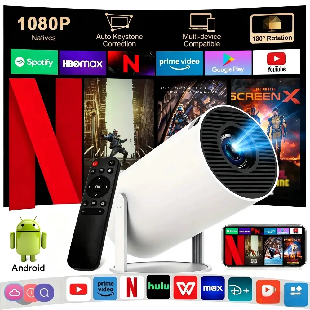 [US warehouse] HY300Pro Projector 290ANSI Android 13 WiFi6 4K Decode Auto Keystone Correction Wireless BT5.0 150"Screen 1280*720P Built-in Speaker AllwinnerH723 Mini Portable Outdoor Gift Projectors for bedroom