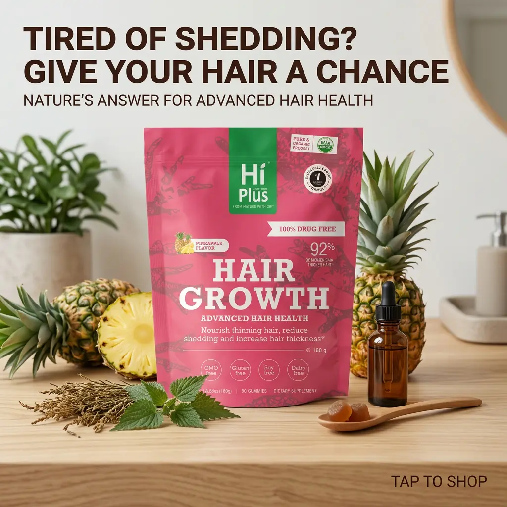 HiPlus Women's Edible Vegan Beauty Vitamin Healthcare Gummies - Collagen, Biotin, Zinc, Optimum Iron Hair & Nail Care Dietary Supplement for Healthy Hair Growth & Natural Vitality, 90 Gummies (45-Day Supply)