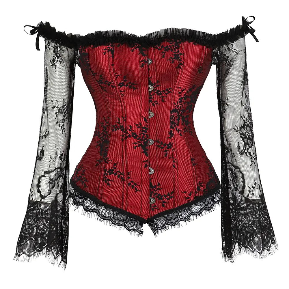 Off Shoulder Lace Floral Corset Top for Women Renaissance Gothic Bustier with Long Flare Lace Sleeves Vintage Waist Cincher Corset