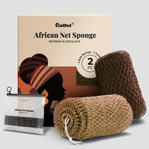 CORATED African Net Sponge 2pcs - 45" Elastic Exfoliating Body Scrubber Quick Dry for Deep Cleansing & Smooth Skin