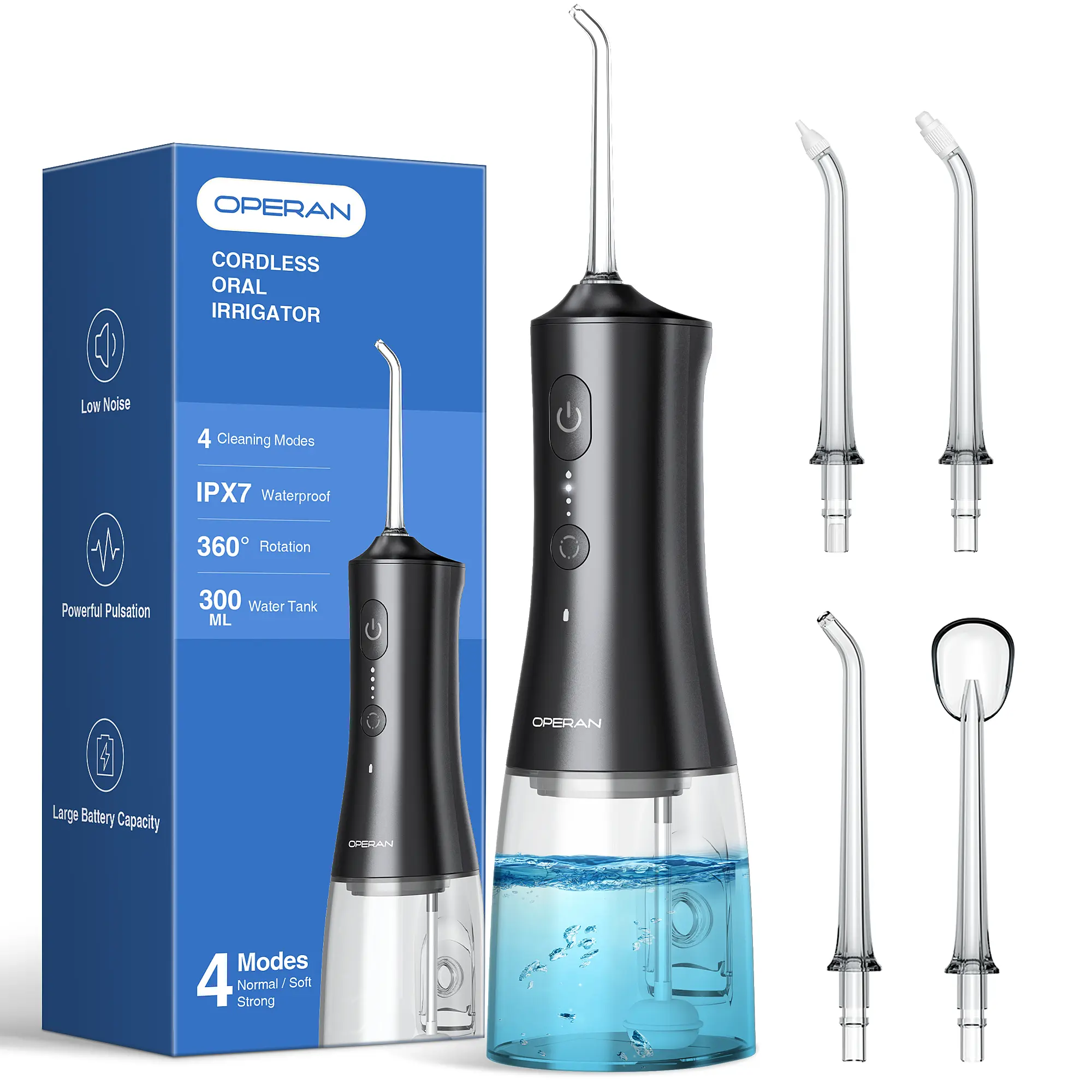 Operan C200/869 Cordless Water Dental Flosser - Portable Rechargeable USB Oral Irrigator, 300ML, IPX7 Waterproof, 360° Rotatable Multifunctional Tips, 4 Modes, Plaque Remover for Home & Travel, Braces Care, Dental Health Support, Cordless Water Flossers