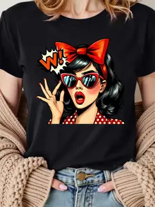 [Casual Diary]Retro Figure Print T-shirt, crew-neck short-sleeve, 4-season women's