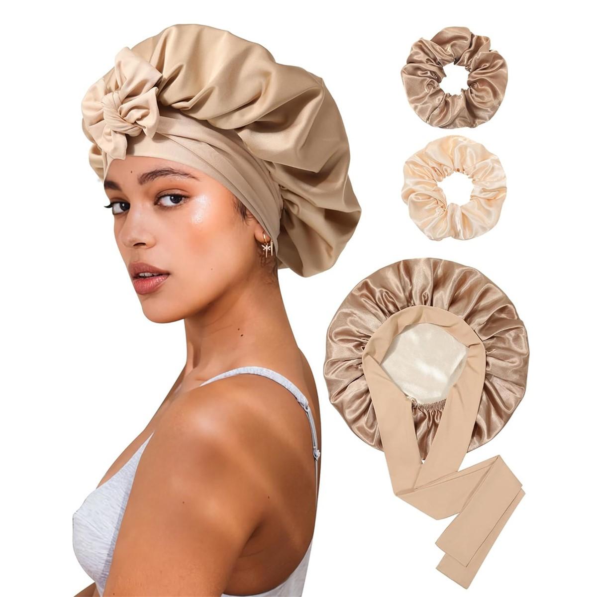 Double Layer Satin Bonnet for Sleeping Cap Women Reversible Hair Bonnets with 2PCS Hair Scrunchies Elastic Tie Band Nightcap Gifts for Women