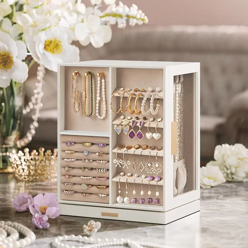 SONGMICS Rectangular 360-Degree Rotating Decorative Organizer Jewelry Chest with 5 Drawers, Glass Window, Open-Side Access, Compartmentalized Organizers, Home Storage Solution for Jewelry Organization, Ideal Gift