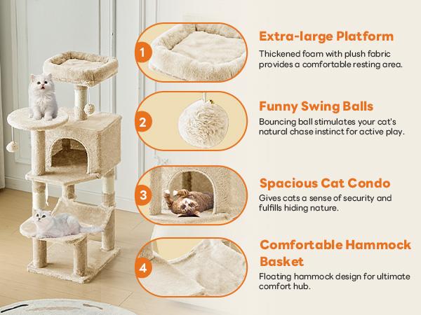 Cat Tree Tower, Multi-Cat Climbing Tower with Condo, Natural Sisal Scratching Posts, Extended Platform, Hammock, Pet House for Indoor Cats and Kittens Play