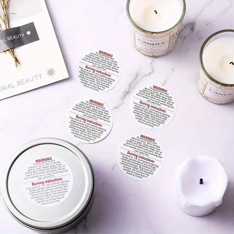 1roll,500pcs Candle Warning Label Sticker Scented Candle Container Safe Use Tips Self-adhesive Label, Box Seal Sticker,Business Commodity Packaging Sealing Stickers,Gift Box Decor Bag Packaging Label, Adhesive Label Paper