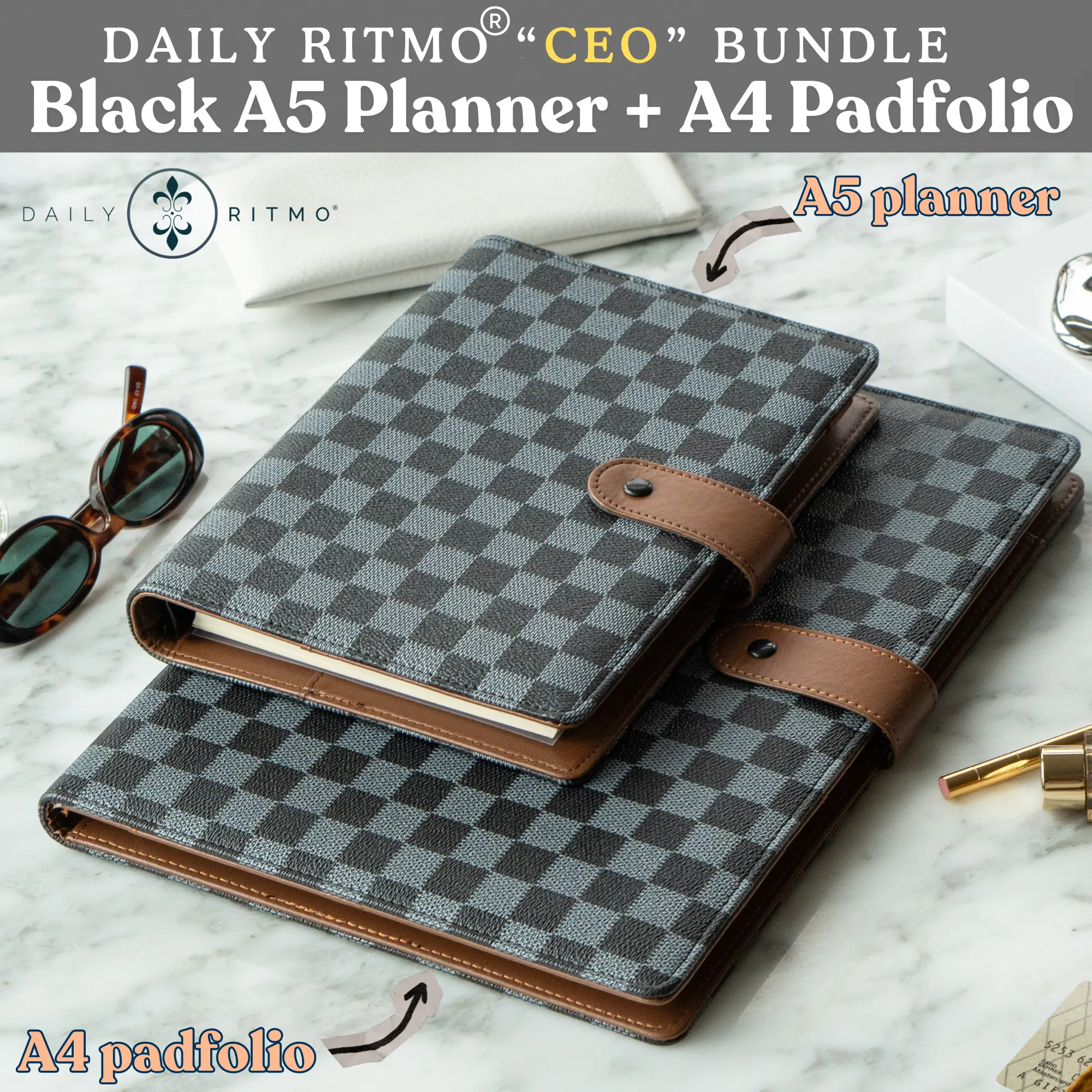 DAILY RITMO "CEO" Executive Stationery Set - Checkered A5 Planner, A4 Padfolio Combo, A5+A4 Note Taking Supplies, Black Notebook