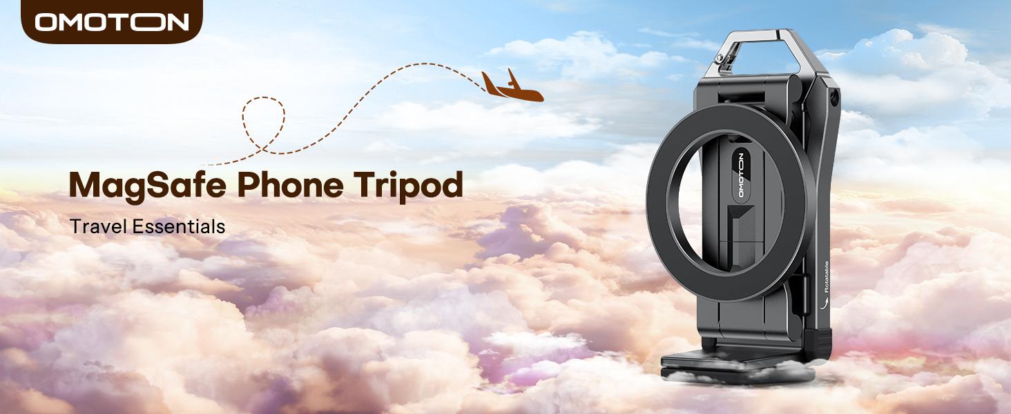 OMOTON Magnetic Phone Tripod Stand -TP02 Foldable Travel Mount with 360 Rotating Shaft Adjustable Ring Grip Selfie Stick Clamping Mount & Hook for Desk Airplane Luggage Outdoor Smartphone Cell Phone Holder