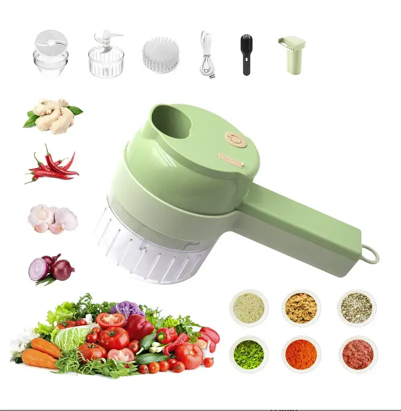 4-in-1 Handheld Electric Food Chopper, Portable Mini Food Processor with Stainless Steel Chopping Blade, Slicer, Mixer, Cleaning Brush and Food Pusher, Compact Kitchen Prep Tool for Garlic, Vegetables, Eggs and Salads