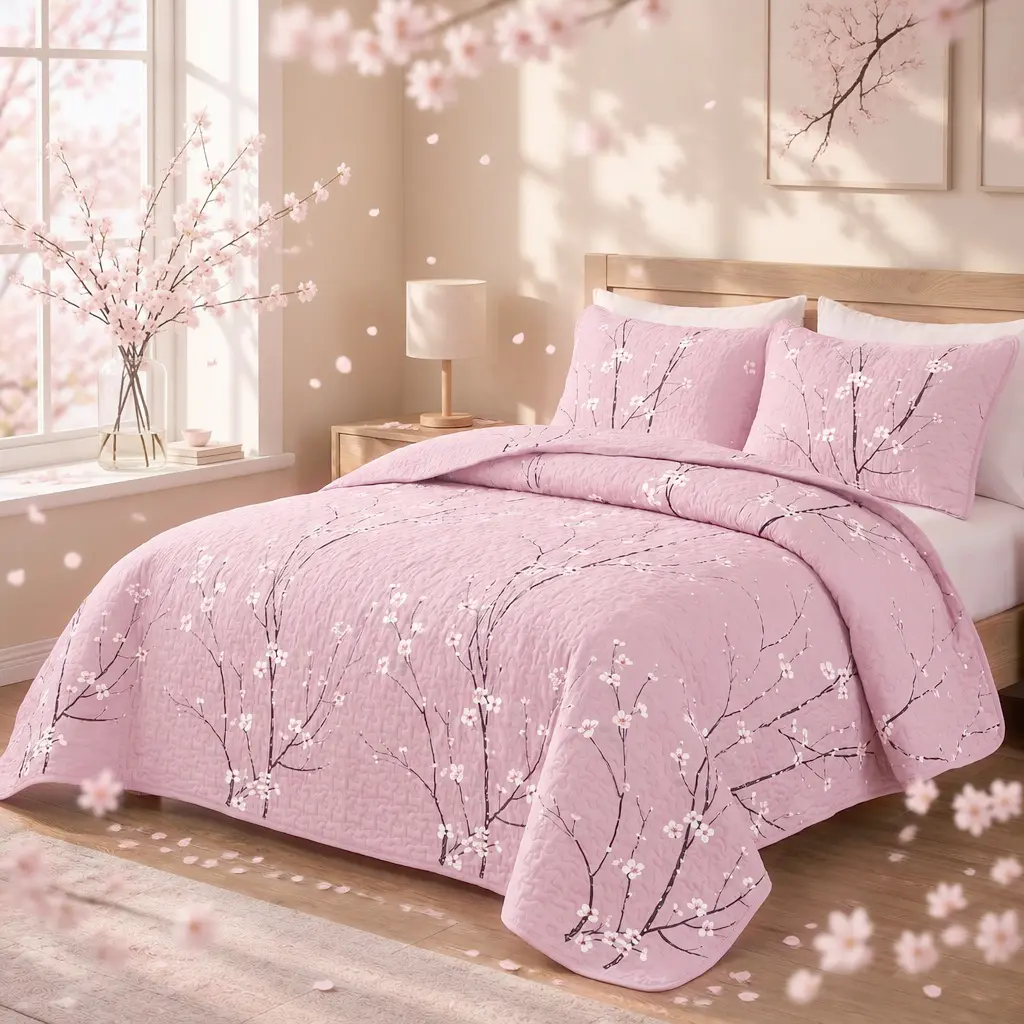 Spring Blossom thin Quilt Set Bedding – Lightweight Breathable Microfiber Floral Pattern Quilt, Machine Washable Comfortable for Bedroom Guest Room Home Decor mid year sale