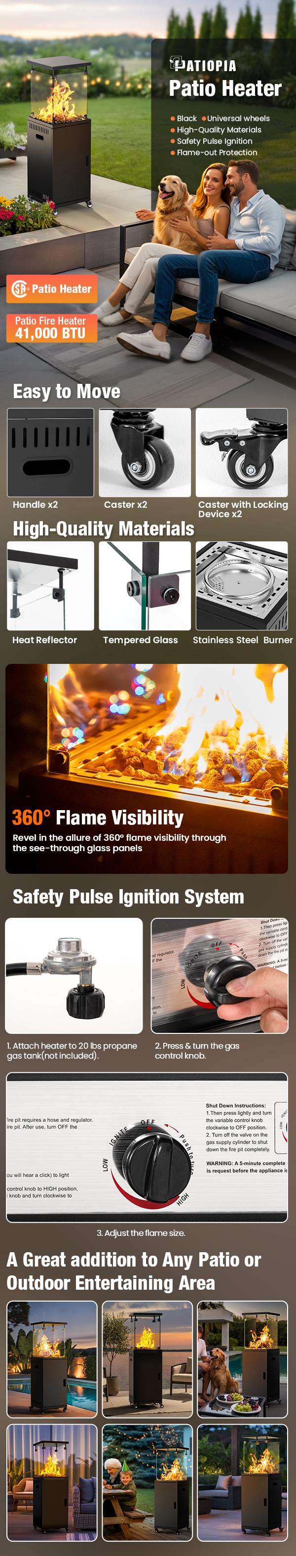 41,000 BTU Outdoor Heater,Propane Patio Heater,CSA Certificated, Lockable Wheels,Tempered Glass, Patio,Backyard,Balcony,Poolside,Black