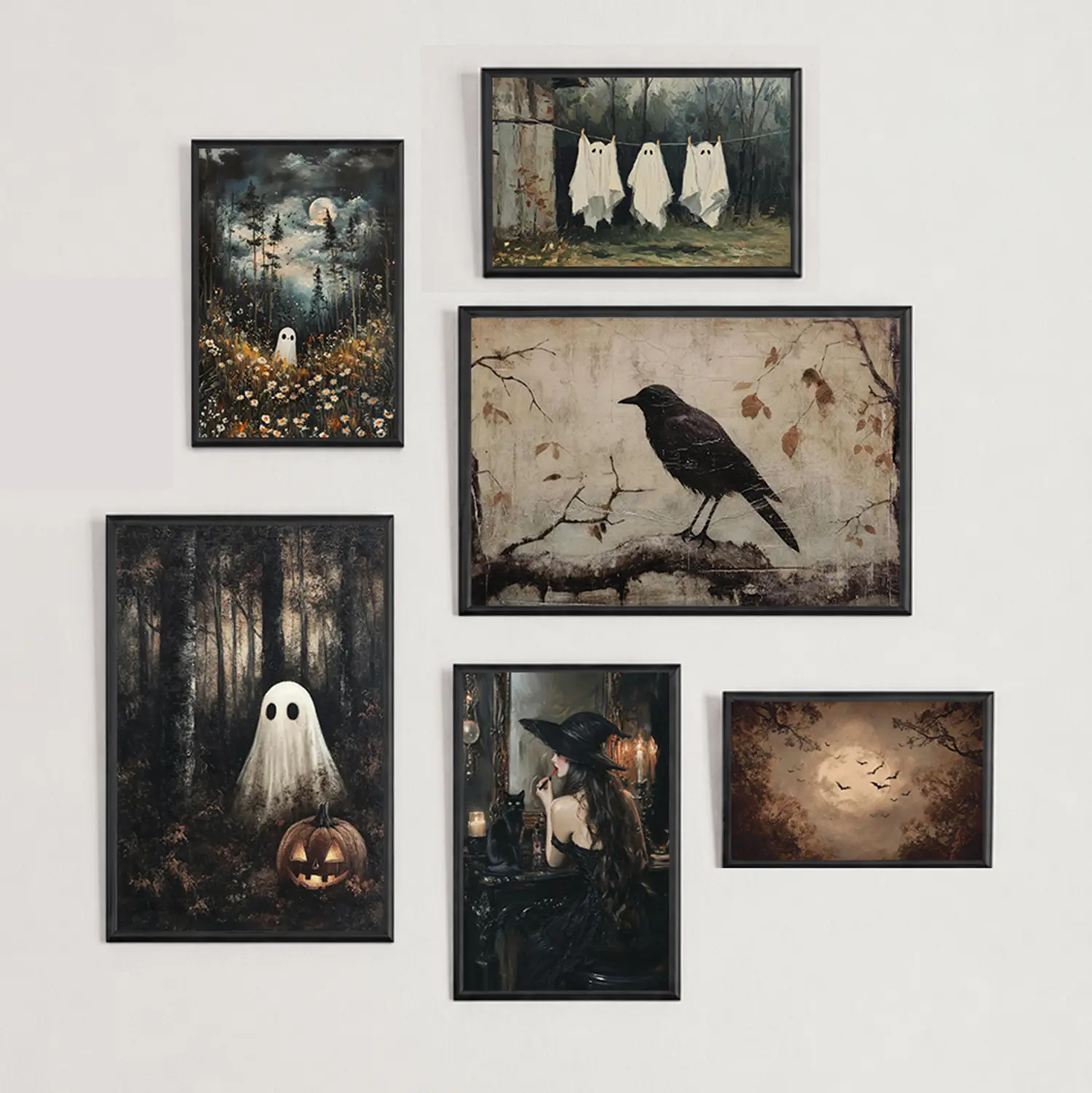 Retro Halloween Gothic Ghost Witchy Frog Canvas Poster Print Wall Decor,Vintage Ghost & lack Cat Pumpkin & Spooky Wal Deecor, Halloween Gift, Decor For Home Living Room Dorm Bedroom Office