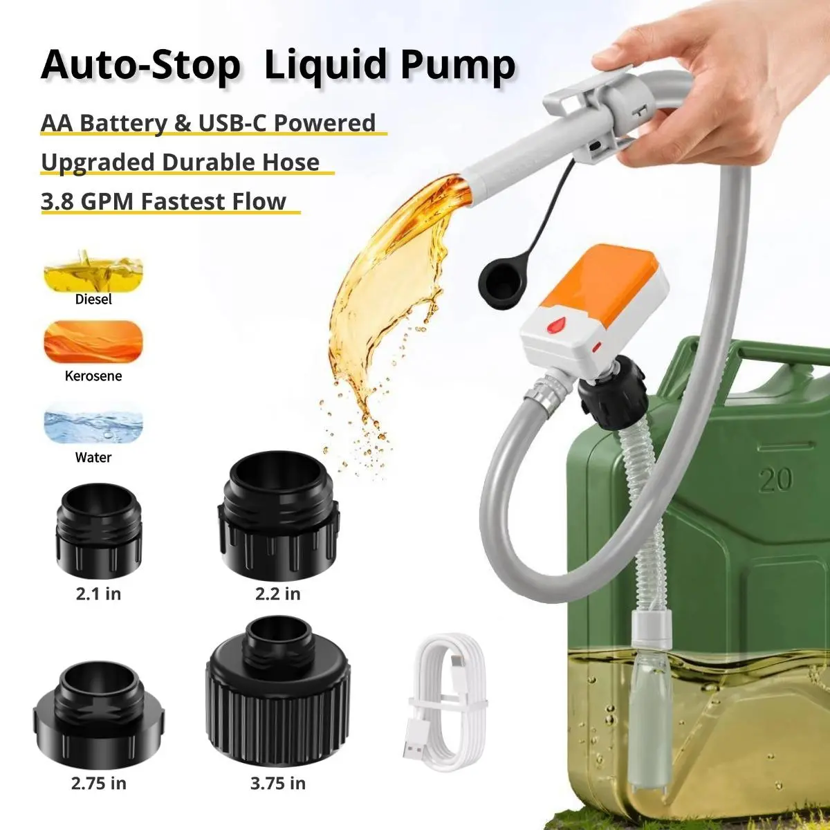 SOARFLY Auto-Stop Fuel Transfer Pump, Dual Powered (Battery / USB-C), 3.8 GPM Fastest Flow (Not for VP), Transfer Pump Water Gasoline Diesel Kerosene Oil and other Liquid Transfer, Siphon Pump