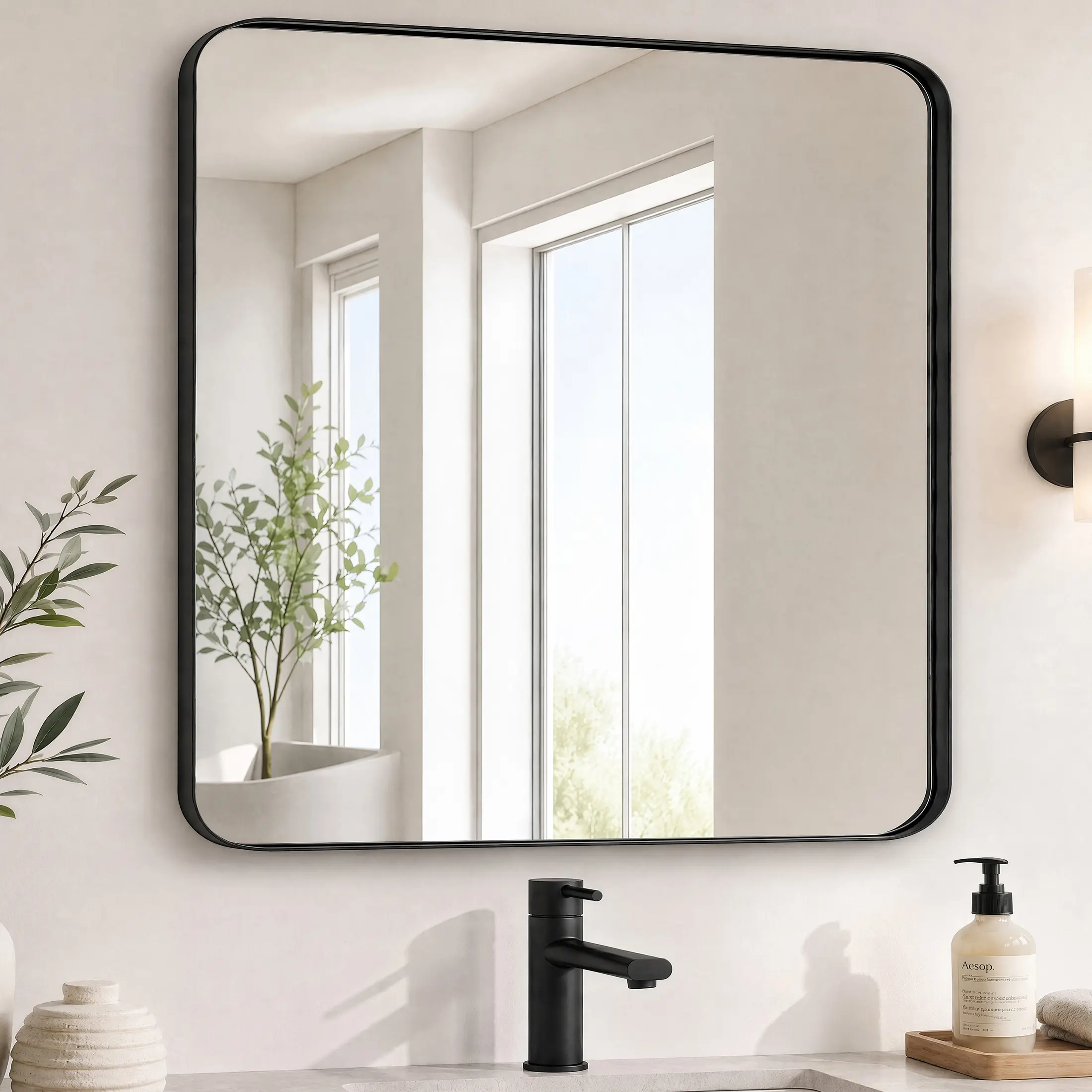 Sweetcrispy Rounded Rectangle Bathroom Wall Mirror - Black Anti-Rust Aluminum Frame, Tempered Glass, Hanging Mount, Horizontal/Vertical Installation for Home Restroom Decor