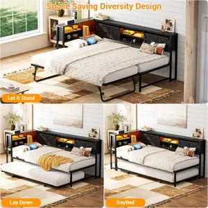 Homieasy Corner Bed Frame with 2 Drawers, Farmhouse Heavy Duty Daybed with Bookcase Storage, Reversible Metal Platform Bed Frame with LED & Charging Station for Teens Bedroom Guest Room, Rustic Brown