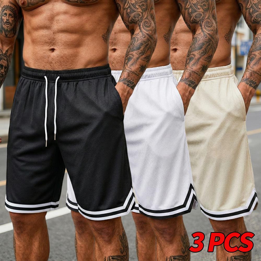 Men’s 3 Pack Summer Sports Shorts – Black/White Mesh, Breathable Quick Dry Basketball Training Shorts, Loose Fit Drawstring, Knee Length Casual Running Fitness Shorts