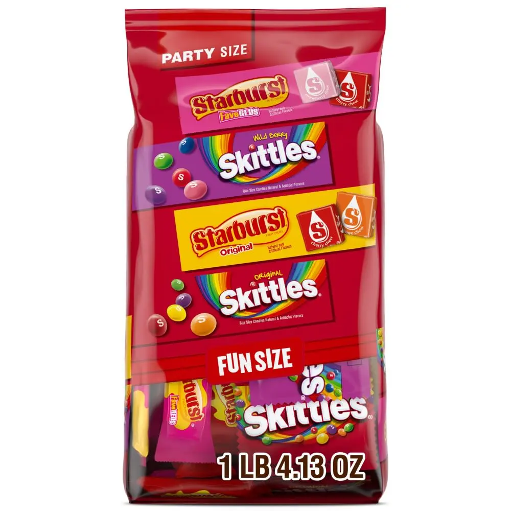 SKITTLES Original, Wild Berry & STARBURST Fun Size Variety Bag, 20.13 oz | Chewy fruity SKITTLES and STARBURST in fun size packs, great for movie nights, party favors, road trips and Halloween Candy