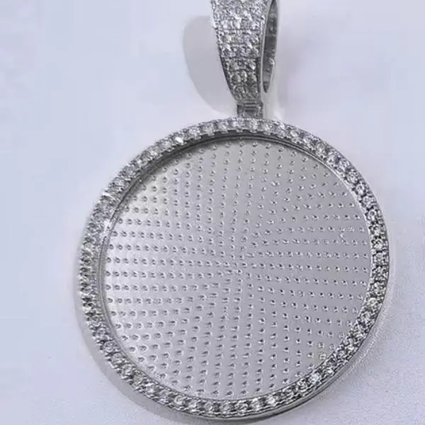 45mm Silver Iced Picture Pendant with Detailed Diamond Edge and Large Circle Shape just PENDANT